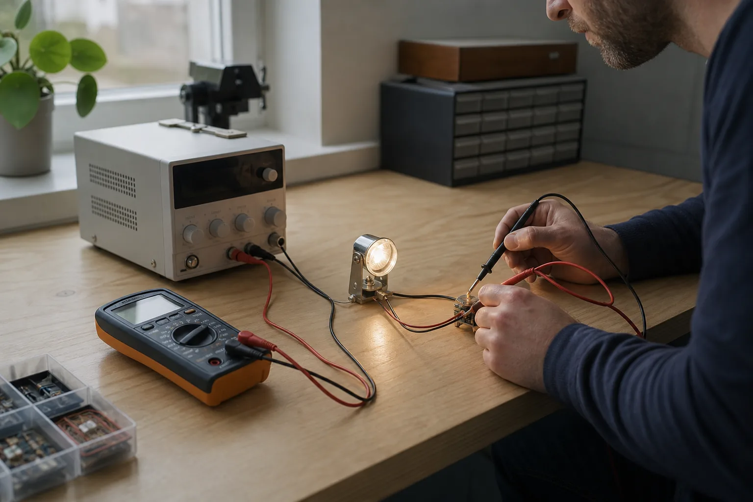 Virkelighedsnær dansk hverdagssituation, der illustrerer volt, ampere og watt