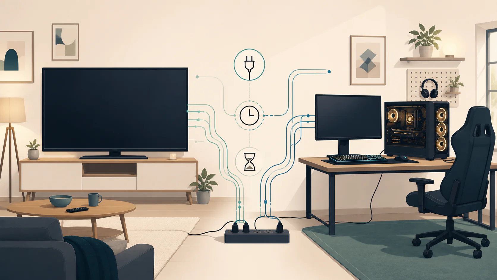 Original illustration af tv, energimærkedata, brugsmønster og kWh