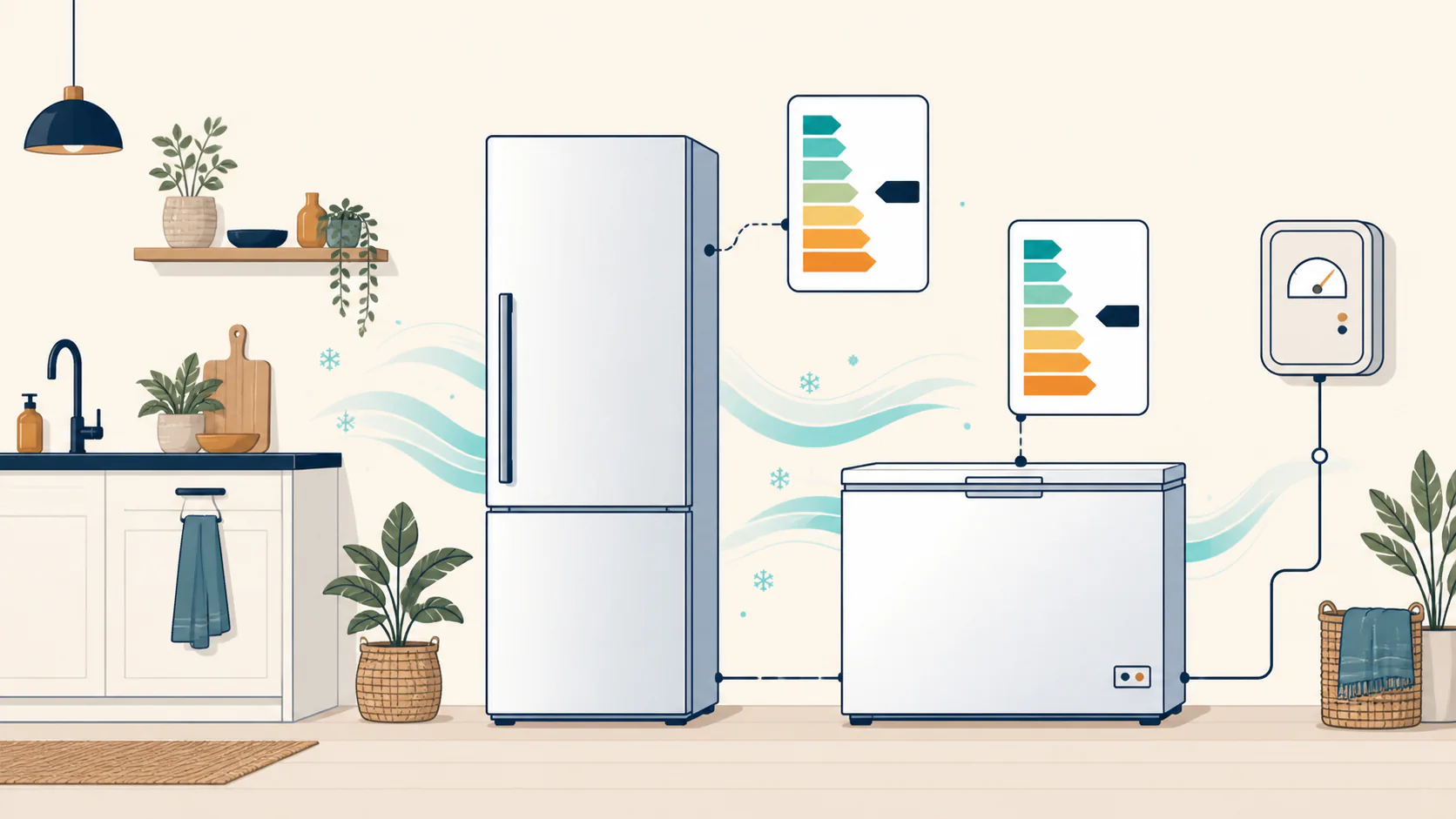 Original illustration af køleskab, energimærkedata, brugsmønster og kWh
